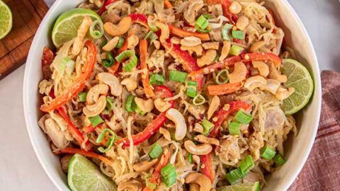 Top view of low-carb spaghetti squash pad Thai with chicken.