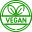 Small green circle icon with the word vegan and leaves in the middle.