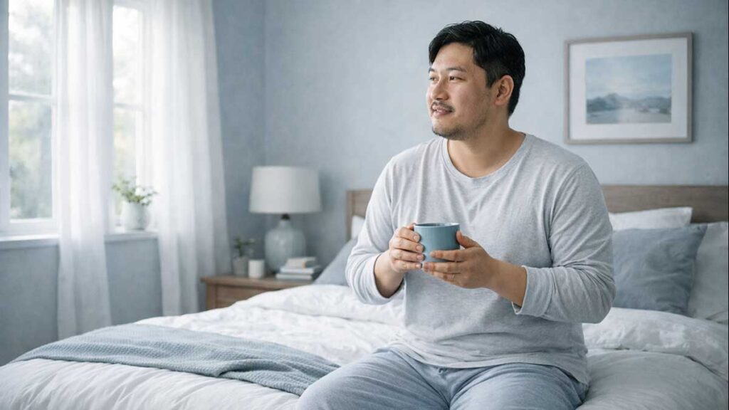 A calm, rested man in pajamas sits on the edge of a neatly made bed in a sunlit room, holding a light blue mug.