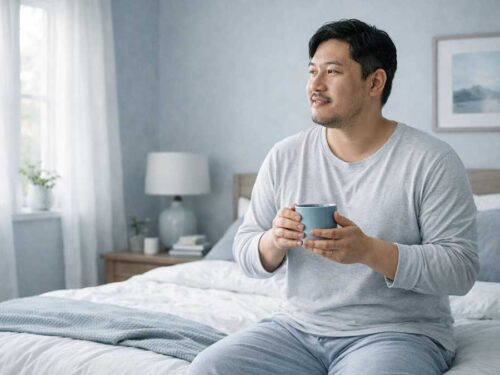 A calm, rested man in pajamas sits on the edge of a neatly made bed in a sunlit room, holding a light blue mug.