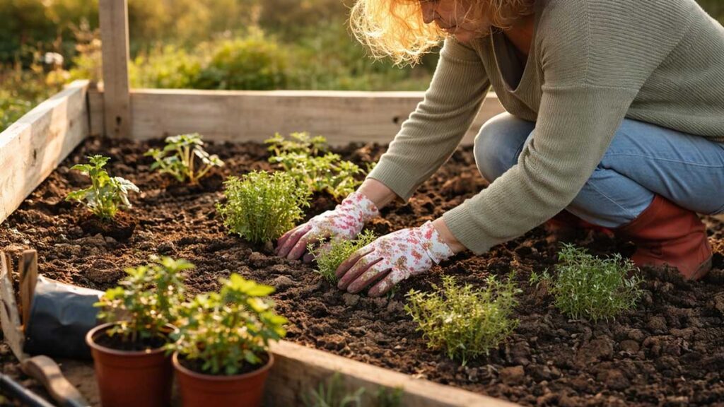 A woman wearing floral gloves crouches to plant small green seedlings in the soil of a raised wooden garden bed on a sunny day.