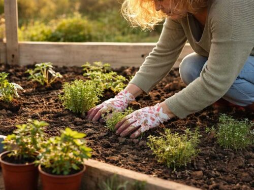 A woman wearing floral gloves crouches to plant small green seedlings in the soil of a raised wooden garden bed on a sunny day.